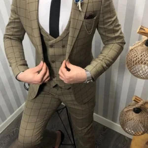 Abito completo giacca pantalone e gilet quadro beige scuro dandy