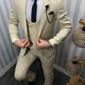 Abito completo giacca pantalone e gilet beige micro fantasia trapuntata