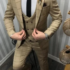 Abito completo giacca pantalone e gilet quadro beige chiaro dandy