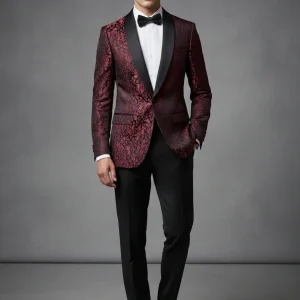 Abito completo giacca e pantalone smoking damascato bordeaux