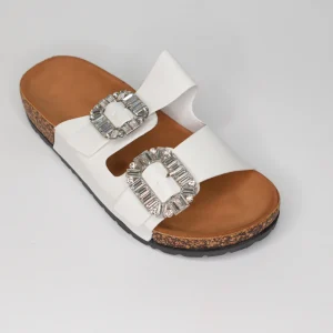 Ciabatte in Ecopelle Con Fibbia Gioiello Modello Creta Bianco